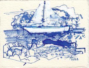 Serie MCN 2023/ 1 Menorca en azules. Dibujos en tinta en azul de cobalto. Menorca y su costa desde el barco. Julio 2023