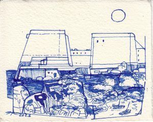 Serie MCN 2023/ 10 Menorca en azules. Dibujos en tinta en azul de cobalto. Menorca y su costa desde el barco. Julio 2023