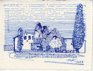 Serie MCN 2023/ 11 Menorca en azules. Dibujos en tinta en azul de cobalto. Menorca y su costa desde el barco. Julio 2023