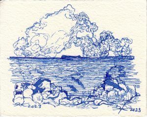 Serie MCN 2023/ 12 Menorca en azules. Dibujos en tinta en azul de cobalto. Menorca y su costa desde el barco. Julio 2023