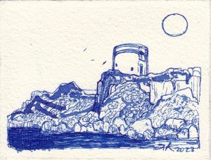 Serie MCN 2023/ 13 Menorca en azules. Dibujos en tinta en azul de cobalto. Menorca y su costa desde el barco. Julio 2023
