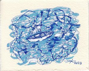 Serie MCN 2023/ 2 Menorca en azules. Dibujos en tinta en azul de cobalto. Menorca y su costa desde el barco. Julio 2023