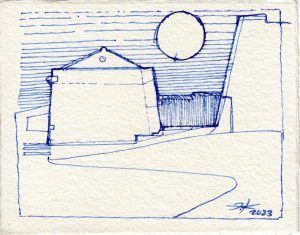 Serie MCN 2023/ 3 Menorca en azules. Dibujos en tinta en azul de cobalto. Menorca y su costa desde el barco. Julio 2023