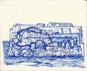 Serie MCN 2023/ 4 Menorca en azules. Dibujos en tinta en azul de cobalto. Menorca y su costa desde el barco. Julio 2023