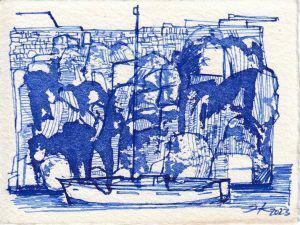 Serie MCN Menorca en azules. Dibujos en tinta en azul de cobalto. Menorca y su costa desde el barco. Julio 2023