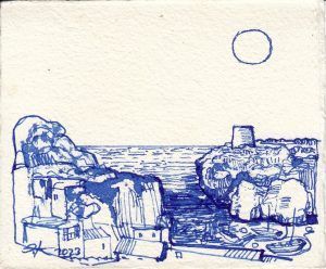 Serie MCN Menorca en azules. Dibujos en tinta en azul de cobalto. Menorca y su costa desde el barco. Julio 2023