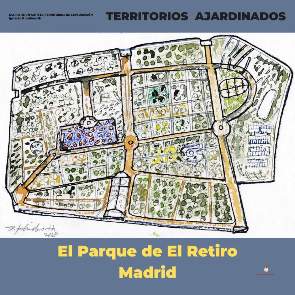 Paseante del Retiro. Plano del parque del Retiro, Madrid. Acuarela y técnica mixta sobre papel. Diseño digital 2024