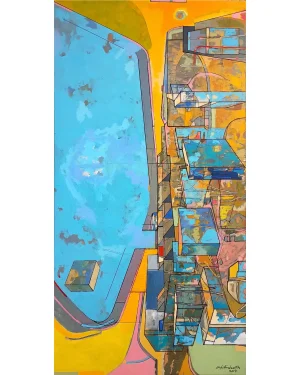 Apartamentos y mar Mediterráneo. 195x100cm. Técnicas mixtas. Inkjet print, acrílicos y tintas acrílicas sobre lienzo. Montes de Toledo. IKlindworth 2017 Imagen destacada