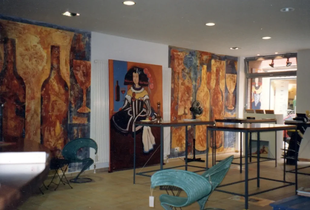 El arte del encargo. El Catavino Münster. Plafones decorativos con temática velazqueña. Mural 9.00x2.80mts. Cuadro 195x142cm. Plafones 30x195x4cm. Mixta sobre tabla. IKlindworth 2001