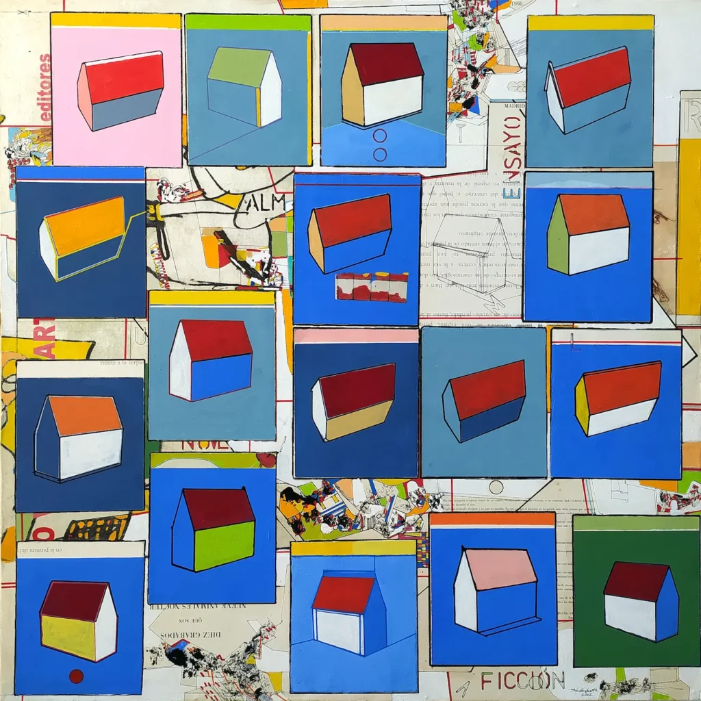 Los concursos y sus desiertos. La casa y la escritura. Mixta sobre papel encolado sobre chapa de madera. 114x114cm. Finalista I Premio Almuzara de Pintura 2022.