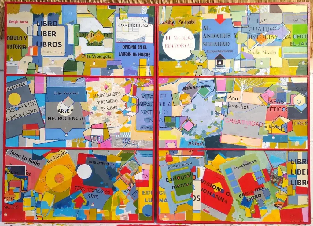 Los concursos y sus desiertos. La mesa del editor. Mixta sobre papel encolado sobre madera. Díptico. 130x179cm. Finalista II Premio Editorial Almuzara de Pintura 2023