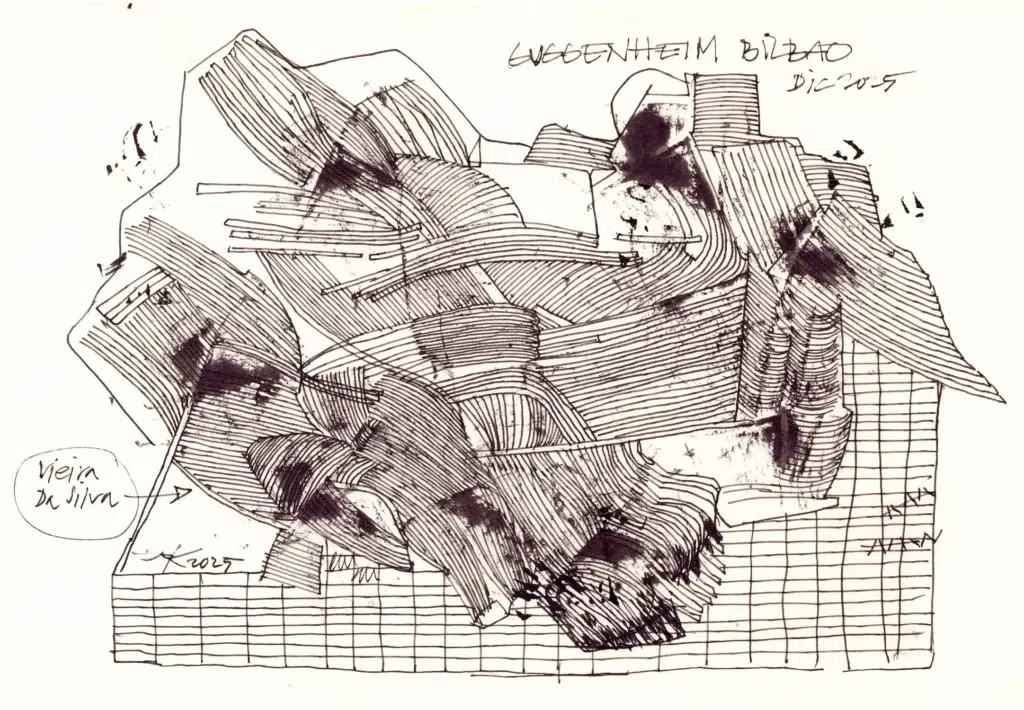 Boceto del museo Guggenheim de Bilbao. IKlindworth 2025 30x21cm Tinta sobre papel